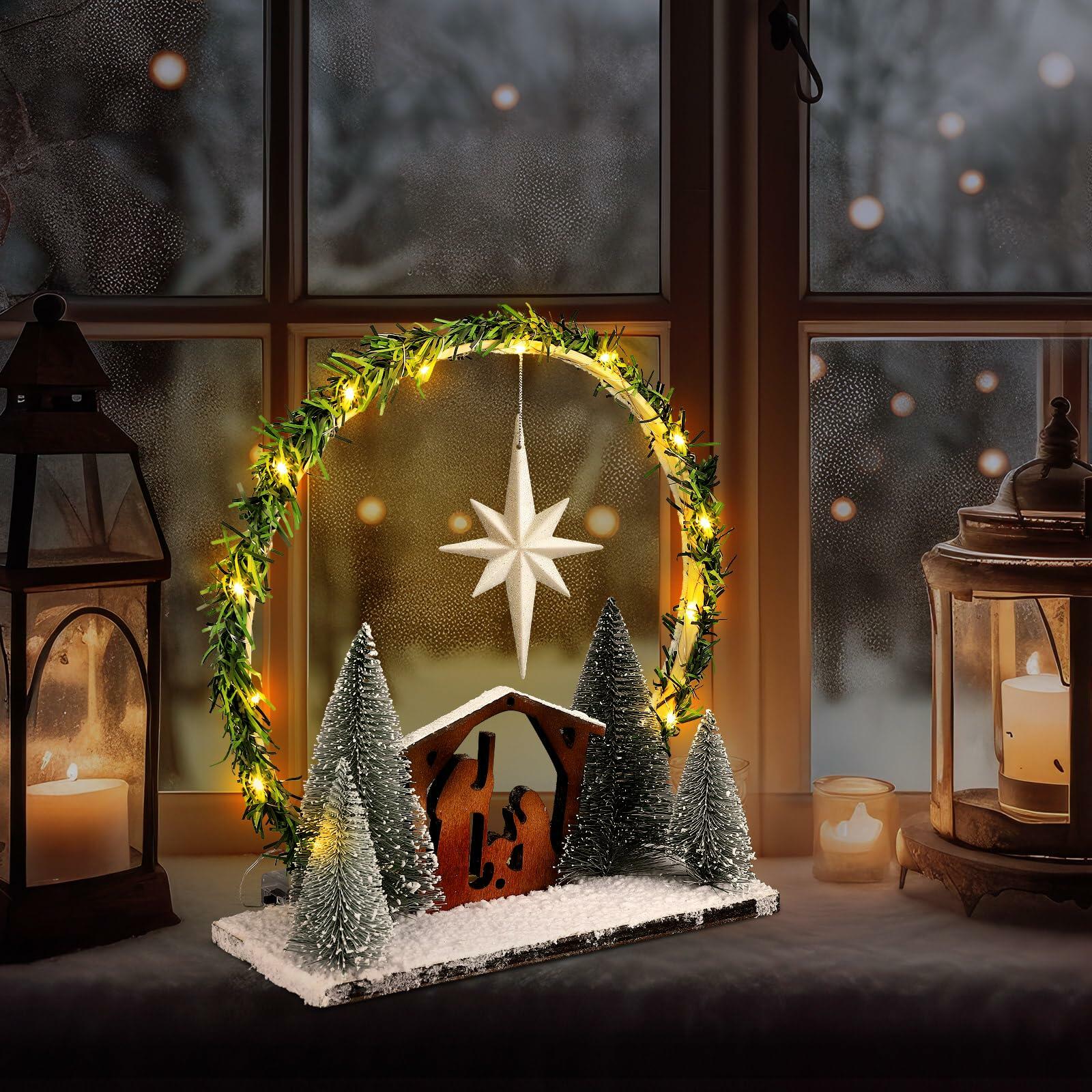 Cinnvoice LED Wooden Nativity Set Christmas Decoration Indoor Tabletop Display