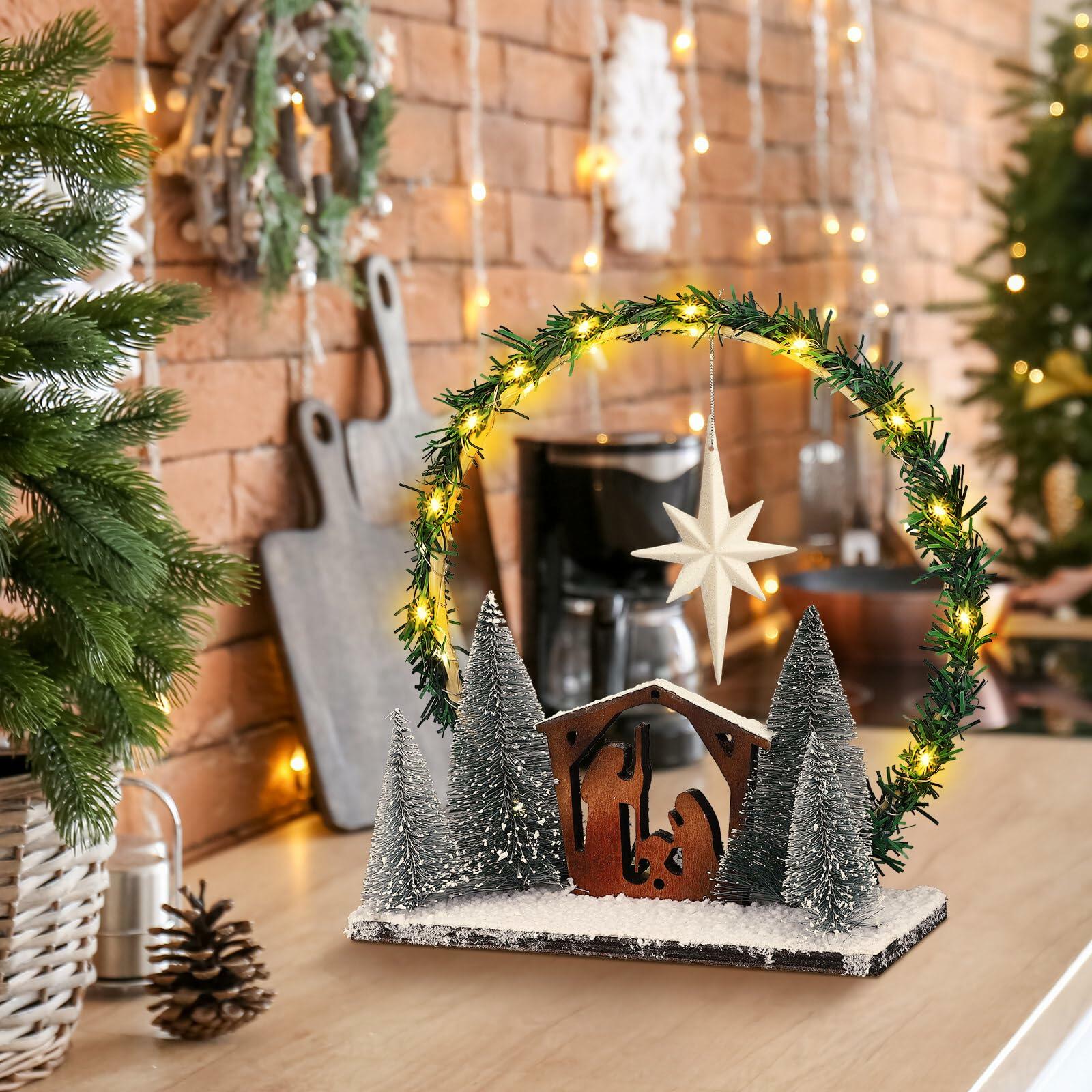Cinnvoice LED Wooden Nativity Set Christmas Decoration Indoor Tabletop Display