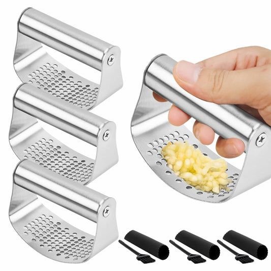 FATUXZ 3-Piece Stainless Steel Garlic Press Set with Silicone Peeler