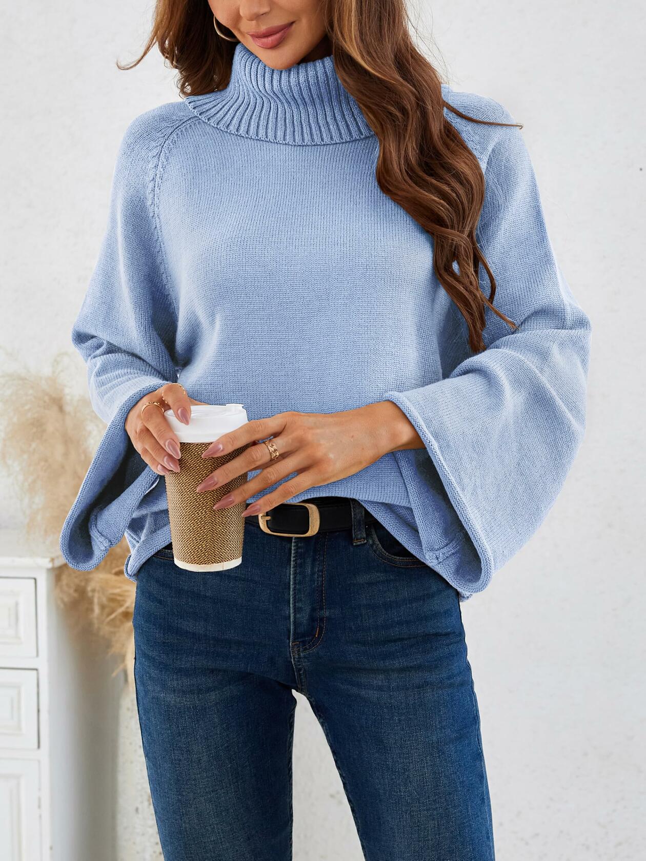 Angashion Womens Turtleneck Pullover Sweater Ribbed Knit Sky Blue Size XL