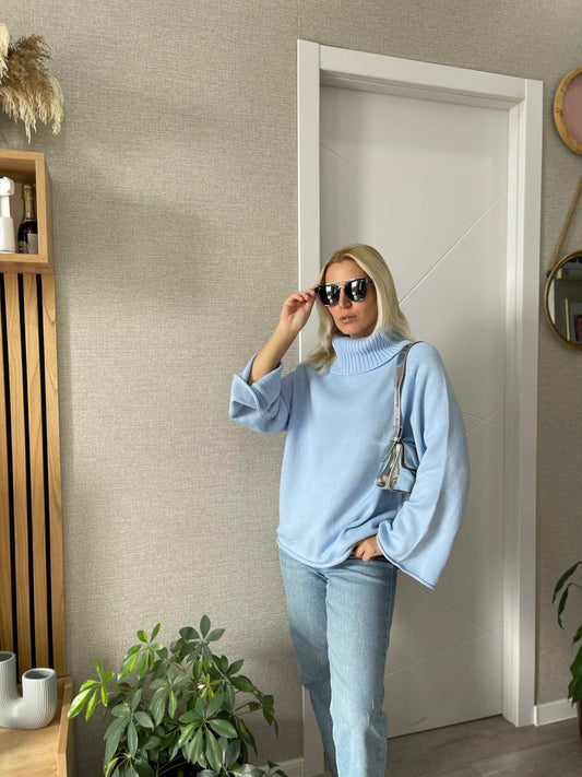 Angashion Womens Turtleneck Pullover Sweater Ribbed Knit Sky Blue Size XL