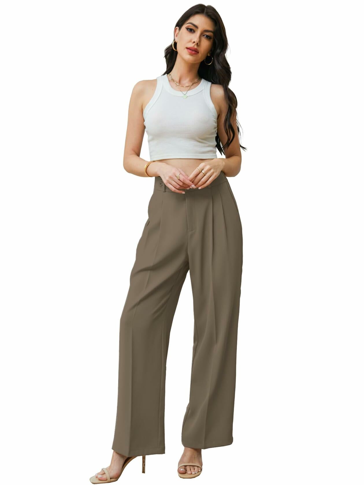 Betusline Womens Business Casual Wide Leg Long Dress Pants Brown Size Small