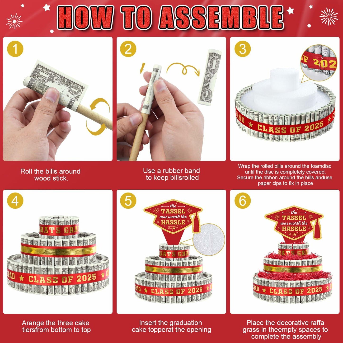 2025 Graduation 3 Tier Red Gold Grad Cap Cake Cash Gift Party Supplies