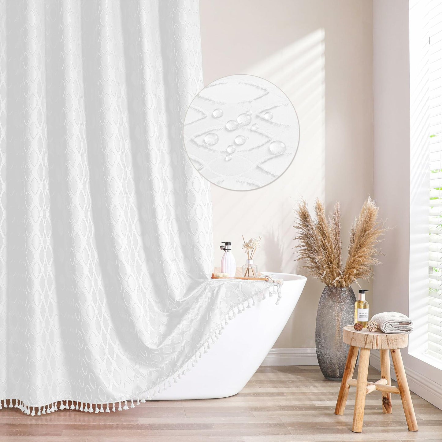 QiyI White Small Stall Shower Curtain Tassel Tufted Geometric 36x72 Inch