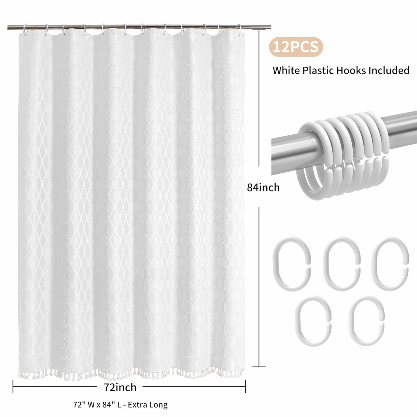 QiyI White Small Stall Shower Curtain Tassel Tufted Geometric 36x72 Inch