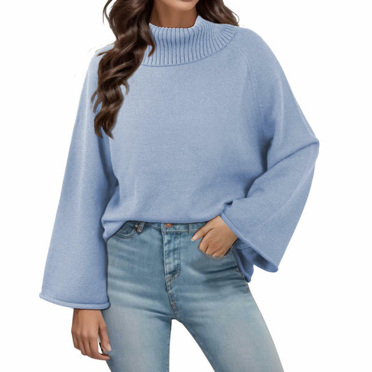 Angashion Womens Turtleneck Pullover Sweater Ribbed Knit Sky Blue Size XL