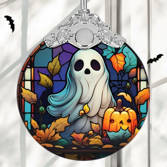 Christmas Ornament Stained Glass Ghost with Pumpkin Holiday Decoration