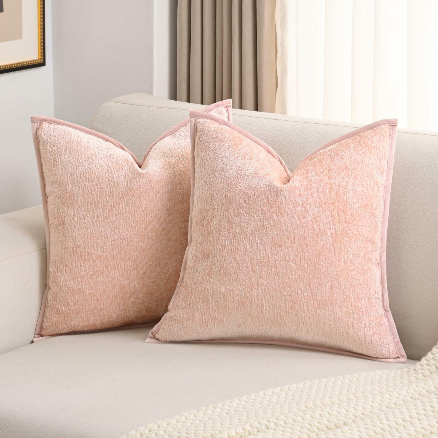 FUTEI Pink Chenille Throw Pillow Covers 22x22 Inch Set of 2 Soft Cozy Edge