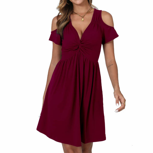 Women's Cold Shoulder Dress Deep V-Neck Knotted Sundress Wine Red