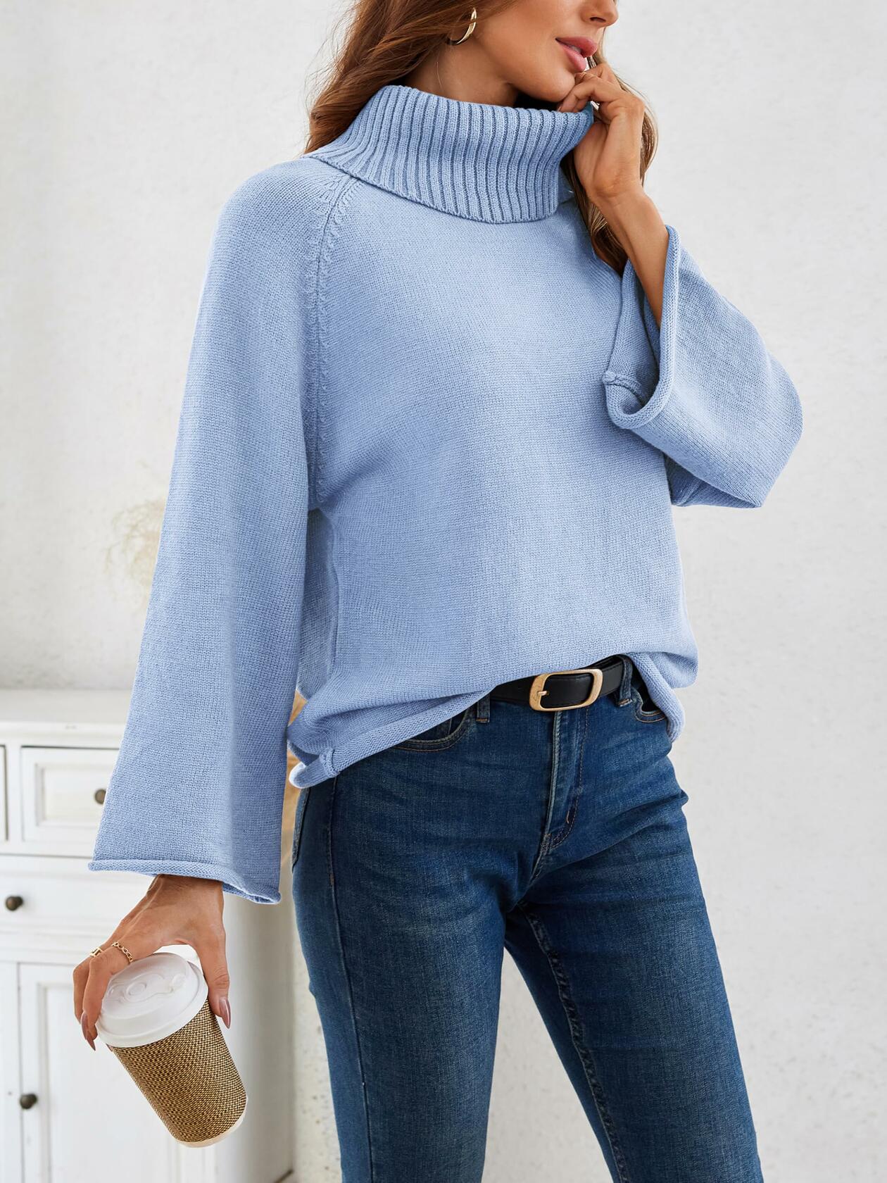Angashion Womens Turtleneck Pullover Sweater Ribbed Knit Sky Blue Size XL