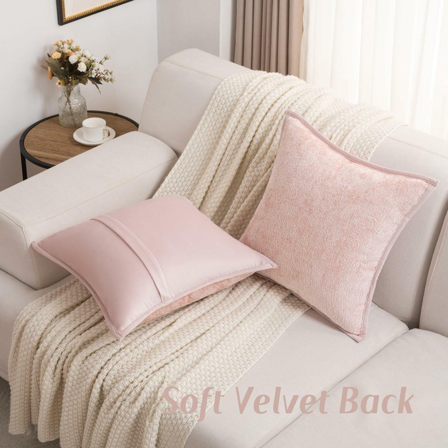 FUTEI Pink Chenille Throw Pillow Covers 22x22 Inch Set of 2 Soft Cozy Edge