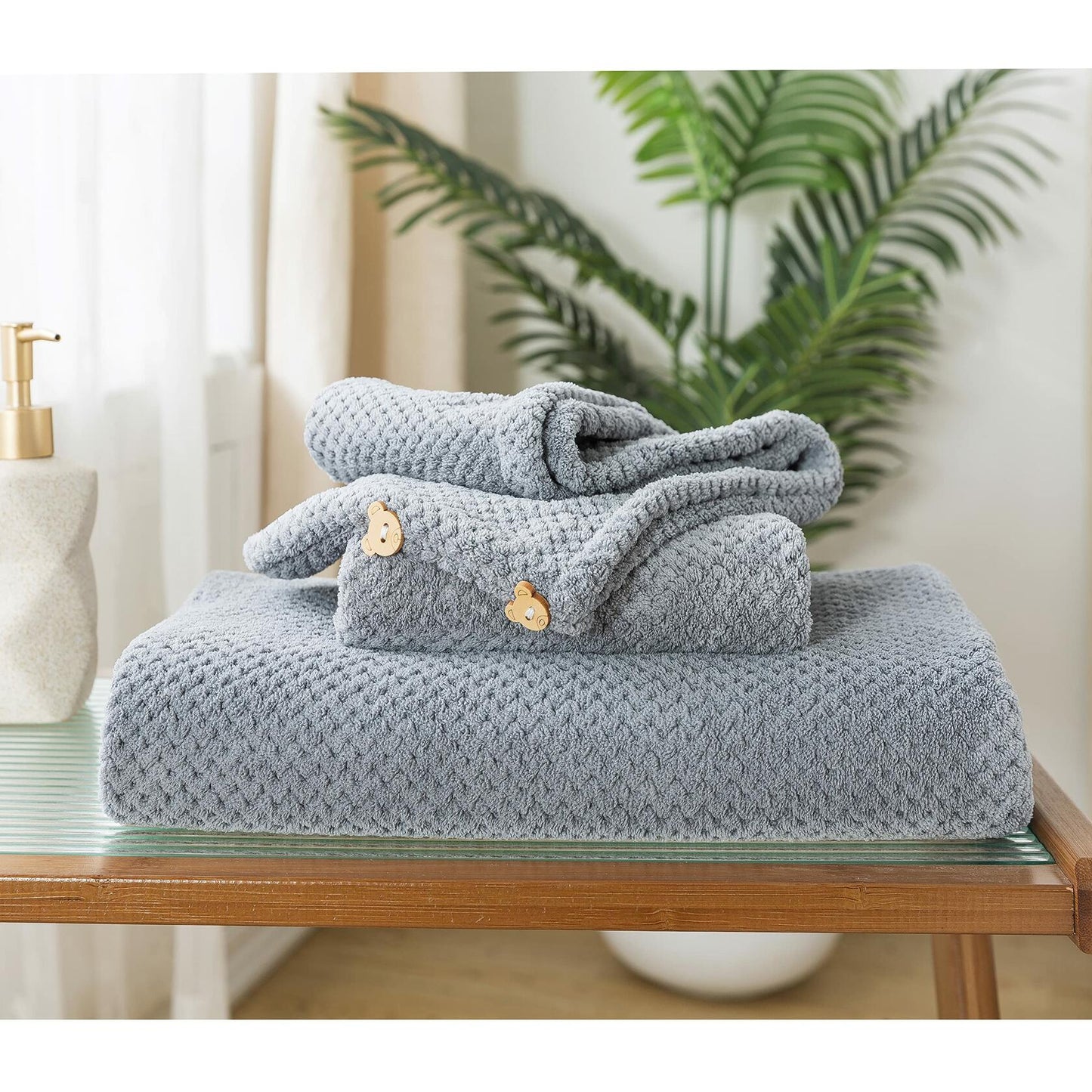 H HOUSEHOLD 3 Piece Bath Towel Set Quick Dry Grey 1 Bath 1 Washcloth 1 Hair