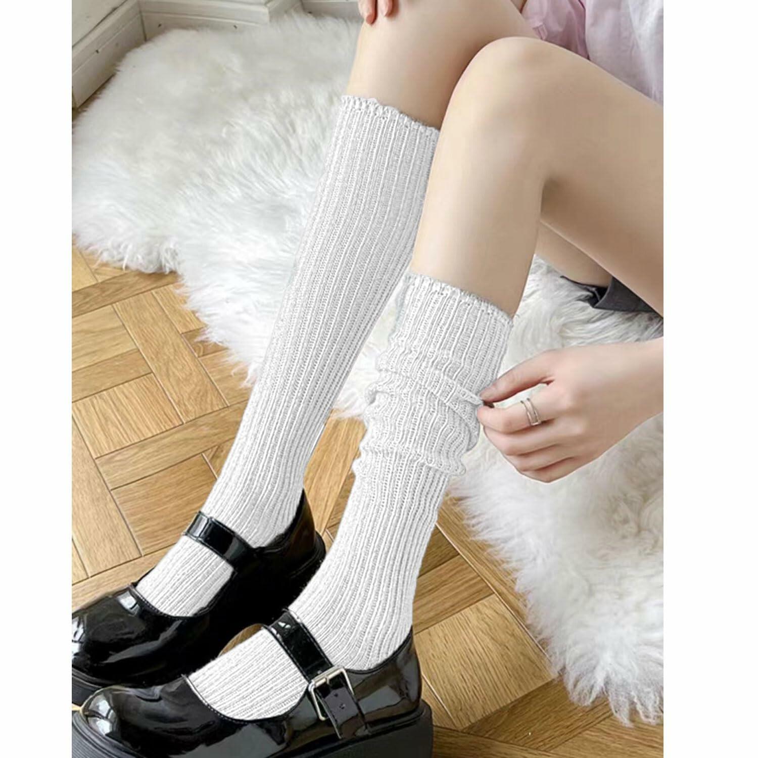 EASYLONGJEE Women Slouch Socks Knee High White 3 Pairs Size 6-11