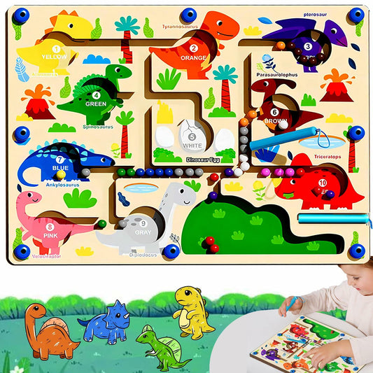 IOOZ Magnetic Color & Number Maze Montessori Wooden Dinosaur Puzzle Toy