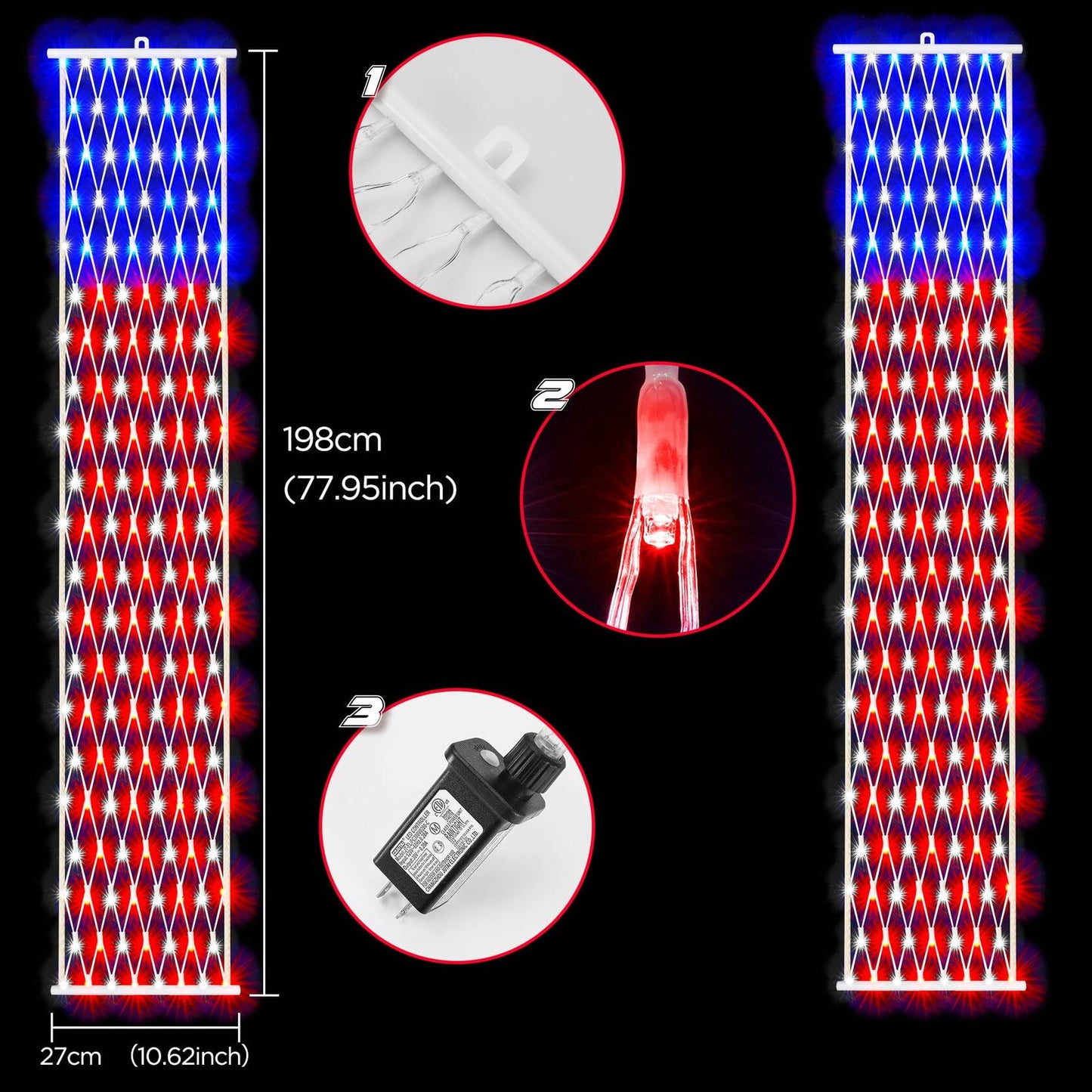 BlcTec Patriotic American Flag LED Lights 77.9x10.6in 320 LEDs Red White Blue