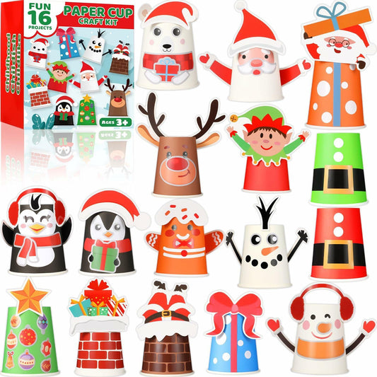 ZOIIWA Christmas Craft DIY Kit 16 Pack Paper Cups Xmas Holiday Supplies