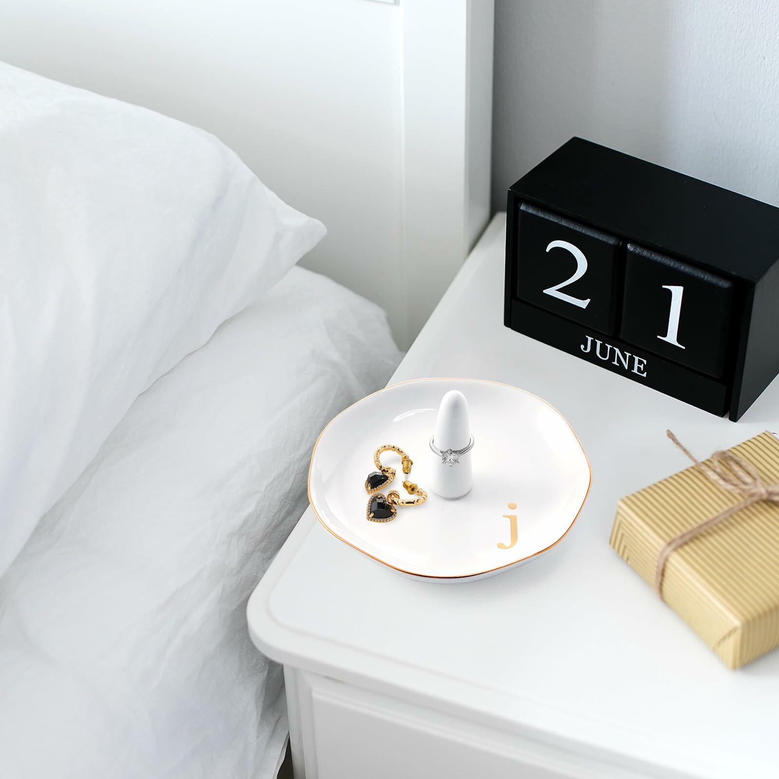 Beeveer Ceramic A-Z Initials Ring Holder Jewelry Tray 4.5x2.4'' White