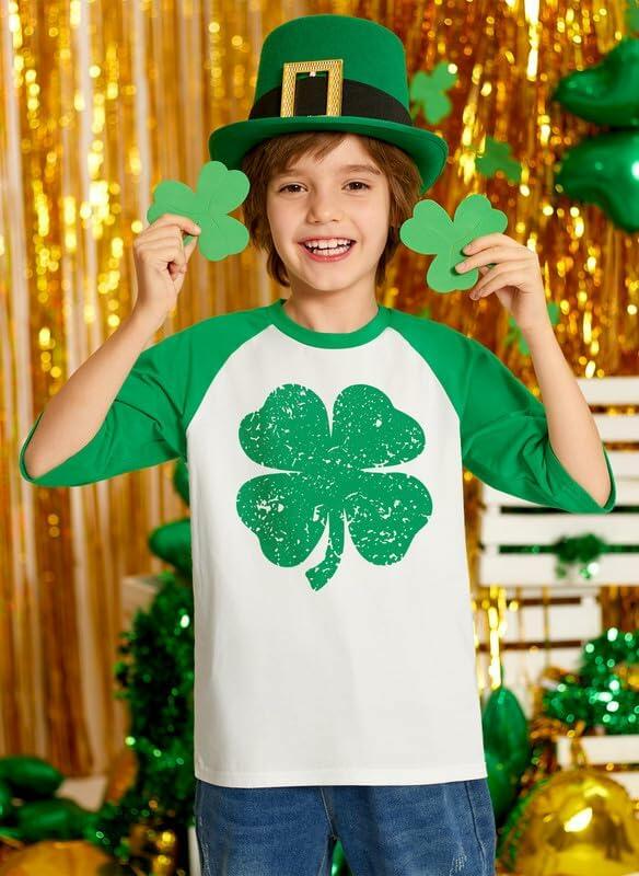 St. Patrick's Day Shamrock Raglan Half Sleeve Tee Kids White Green Size 10Y