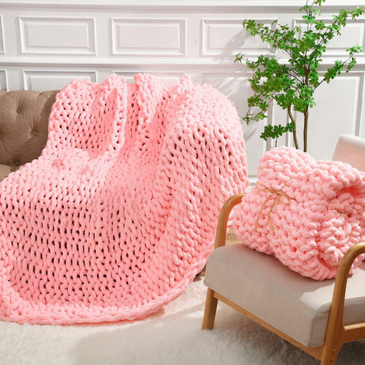 Hahafelt Chunky Knit Chenille Blanket 50x60 Pink 2 Pcs Throw Soft Washable