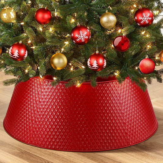 Hatisan Red Metal Christmas Tree Collar Basket Skirt 28'' Indoor Outdoor