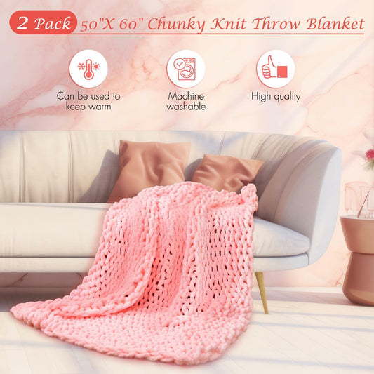 Hahafelt Chunky Knit Chenille Blanket 50x60 Pink 2 Pcs Throw Soft Washable