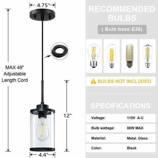 [Like_new] RAINLIGHTING 3 Pack Industrial Kitchen Island Pendant Lights Black Clear Grey