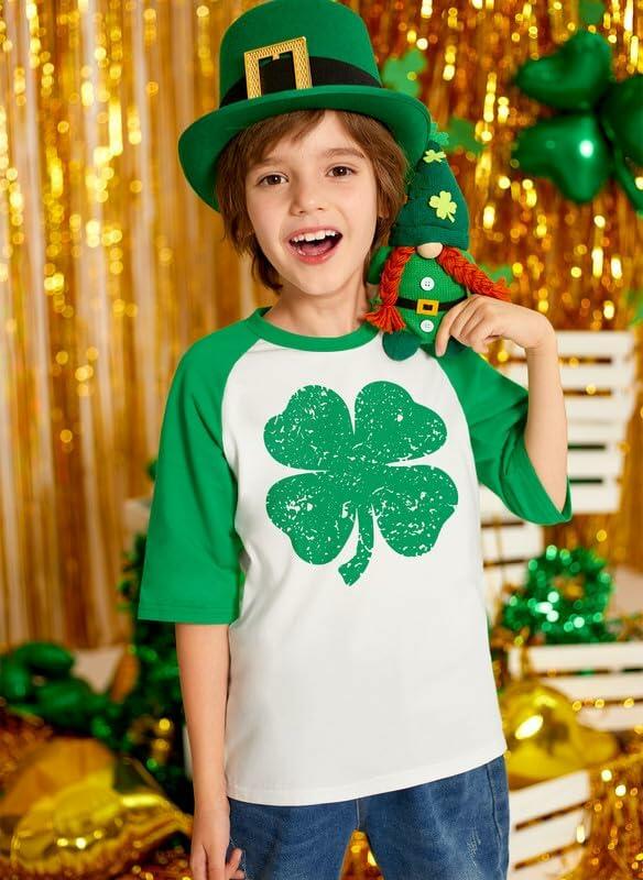 St. Patrick's Day Shamrock Raglan Half Sleeve Tee Kids White Green Size 10Y