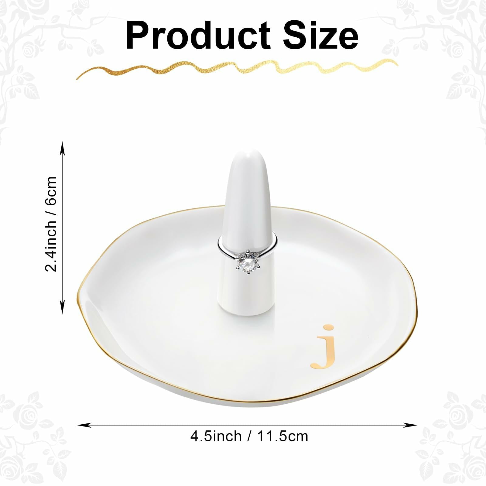 Beeveer Ceramic A-Z Initials Ring Holder Jewelry Tray 4.5x2.4'' White