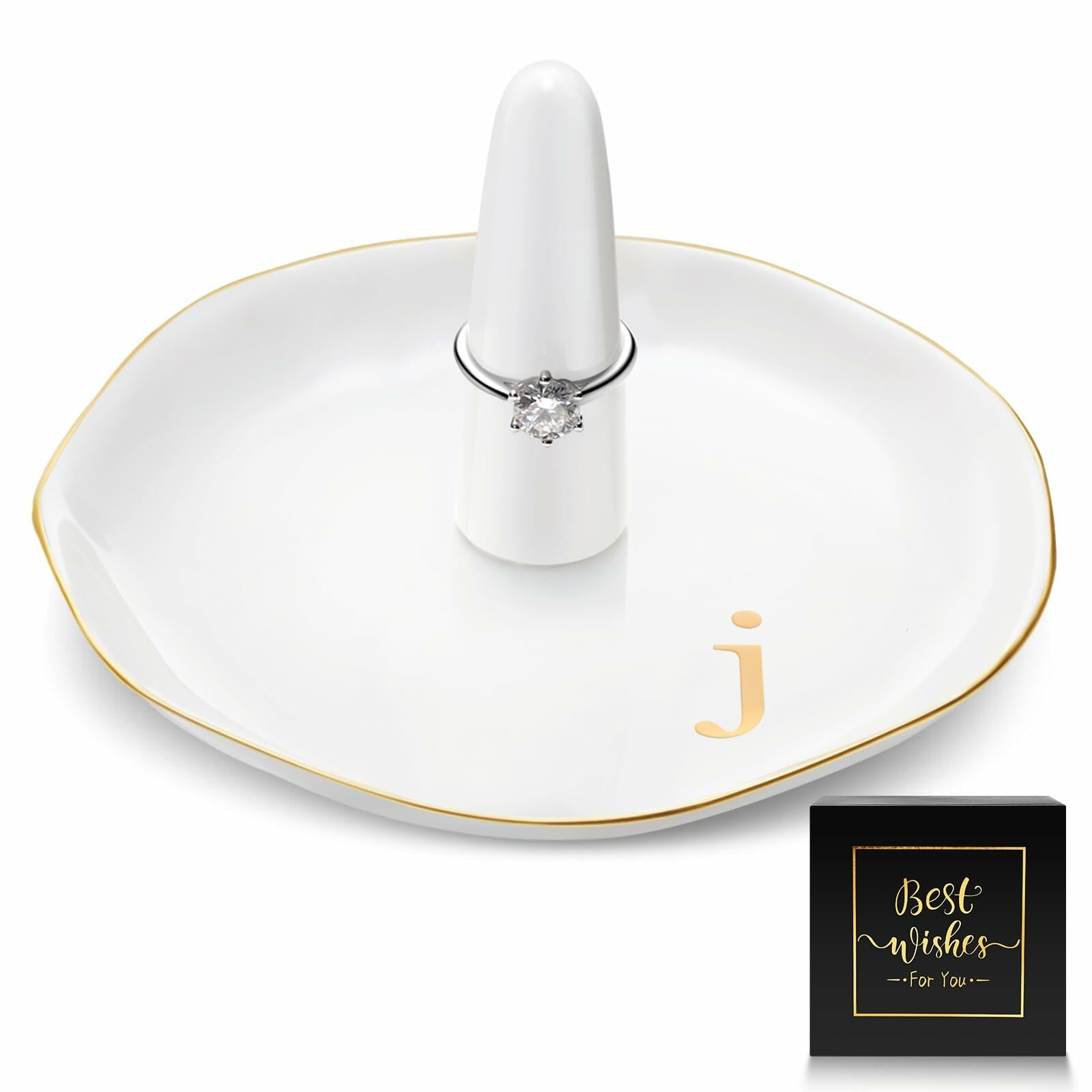 Beeveer Ceramic A-Z Initials Ring Holder Jewelry Tray 4.5x2.4'' White