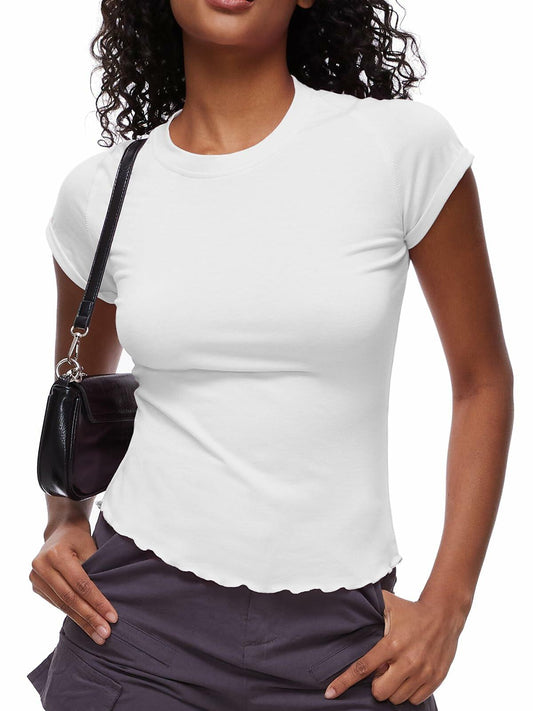 Women's Casual Crop Top T Shirt White Size L Summer Short Sleeve Crewneck