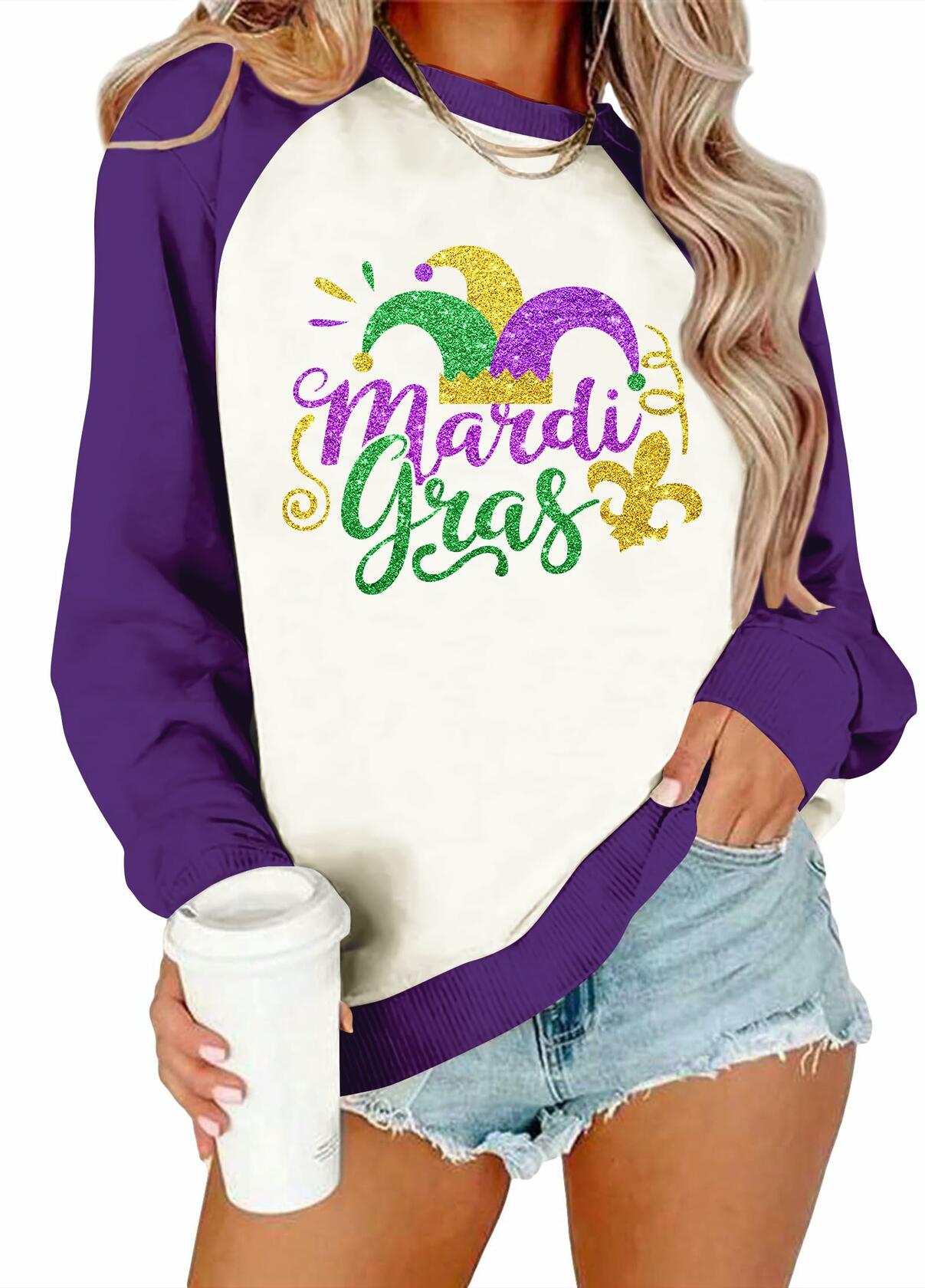 Mardi Gras Sweatshirt Women Long Sleeve Carnival Outfit White Size M