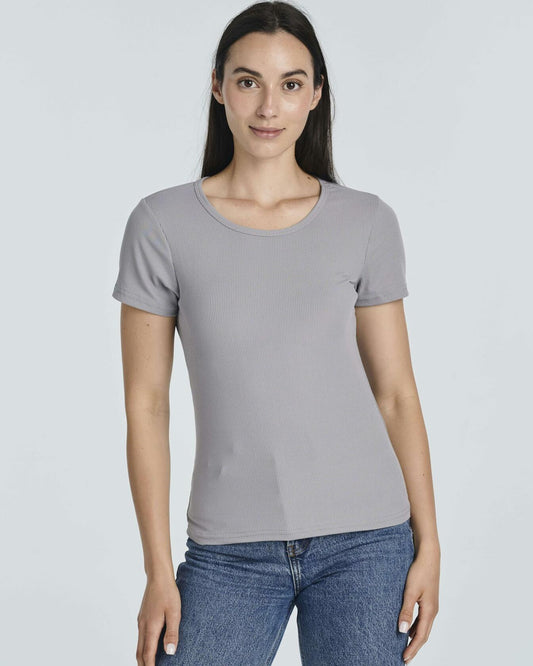 Real Essentials Women's Ribbed Knit Crew Neck T-Shirt Short Sleeve 4 Pack
