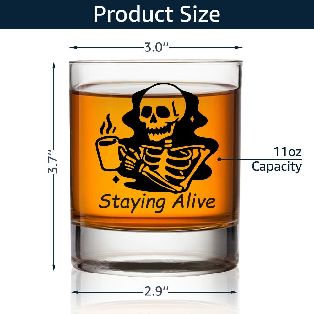 TOUNER Staying Alive Skull Whiskey Glass Clear 10oz Halloween Barware