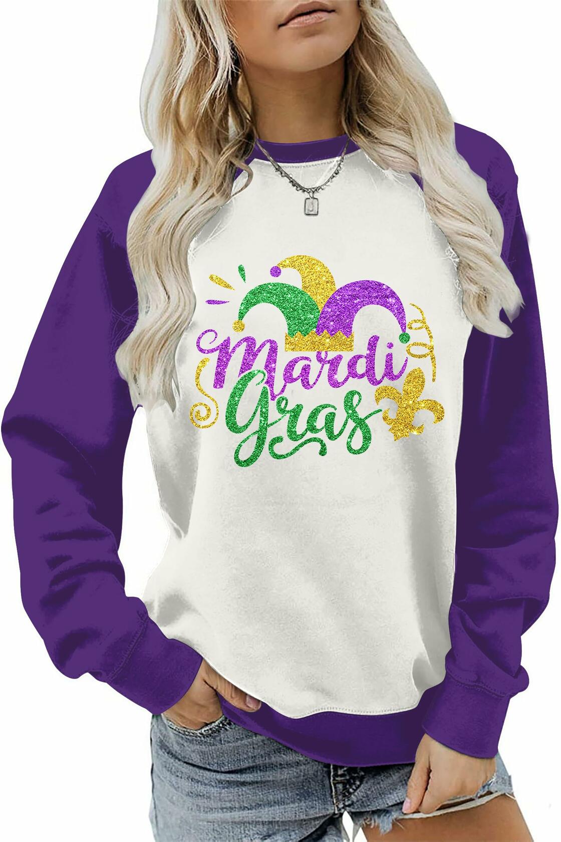 Mardi Gras Sweatshirt Women Long Sleeve Carnival Outfit White Size M