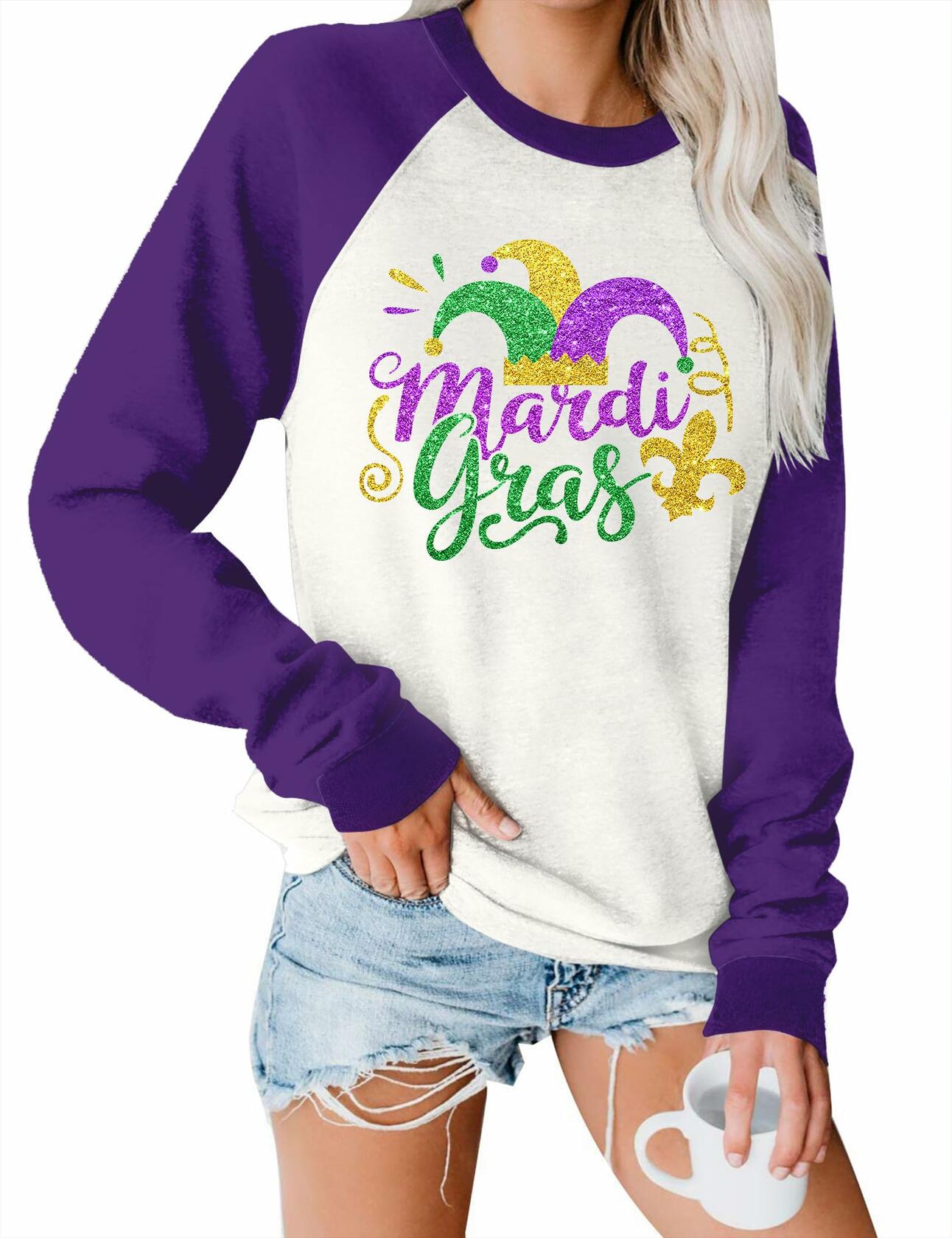 Mardi Gras Sweatshirt Women Long Sleeve Carnival Outfit White Size M