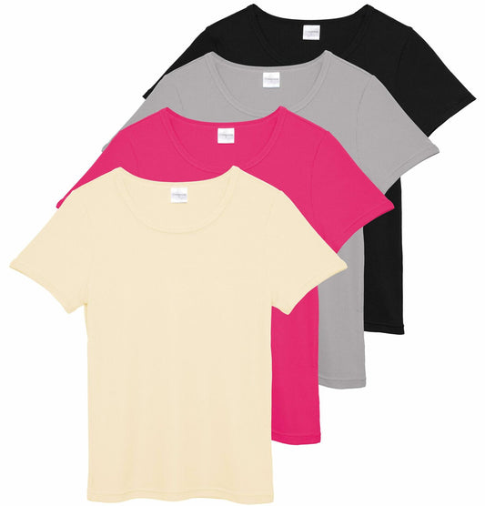 Real Essentials Women's Ribbed Knit Crew Neck T-Shirt Short Sleeve 4 Pack