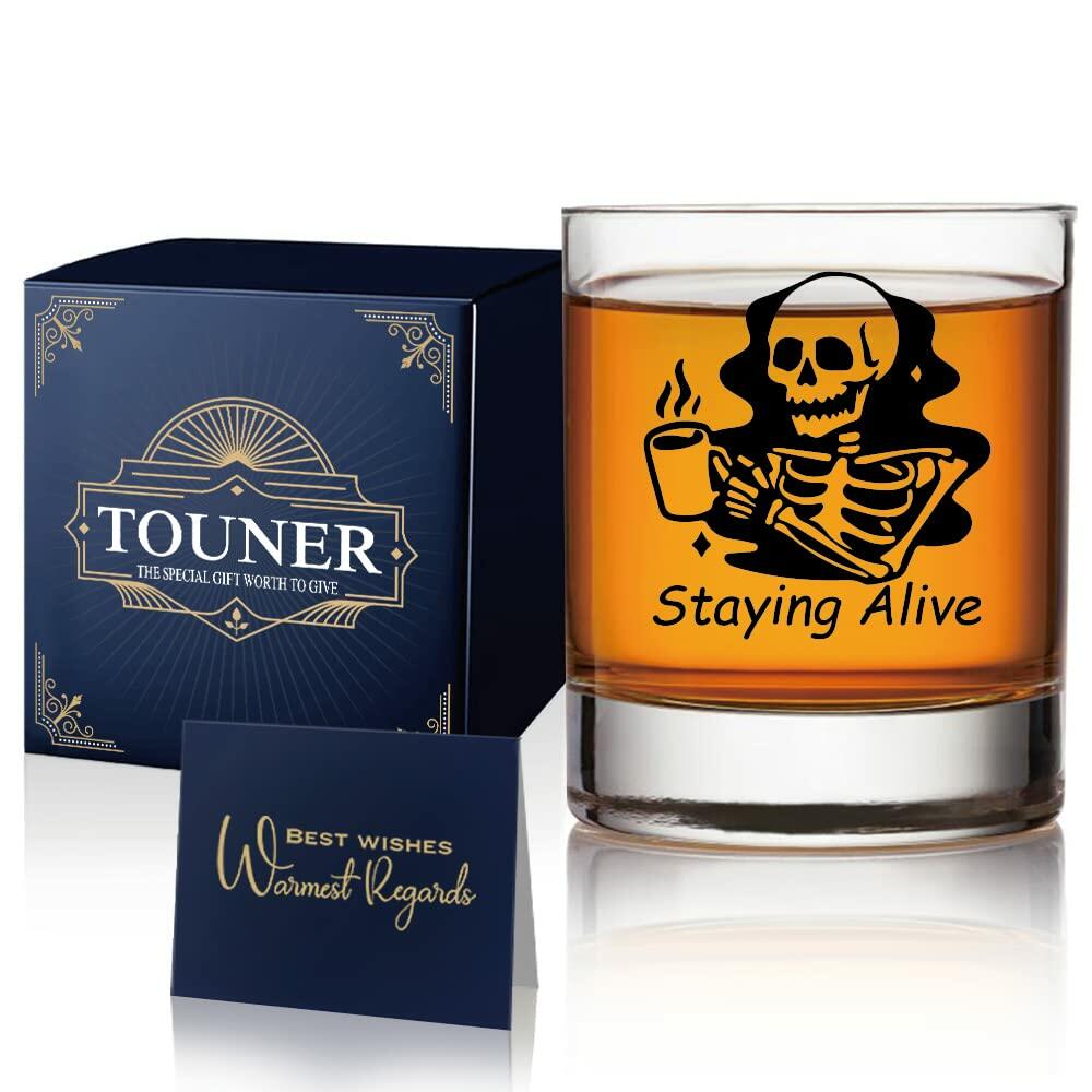 TOUNER Staying Alive Skull Whiskey Glass Clear 10oz Halloween Barware