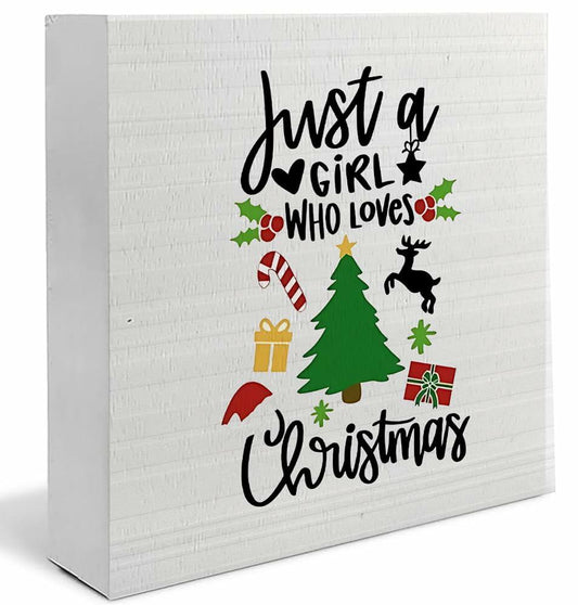 Absnfatu Christmas Wooden Box Sign Just a Girl Who Loves Christmas 5x5 Inch