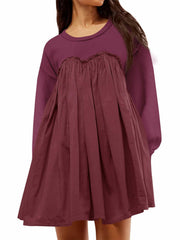 Wenrine Womens Long Sleeve Sweatshirt Dress Patchwork Wine Red, Large