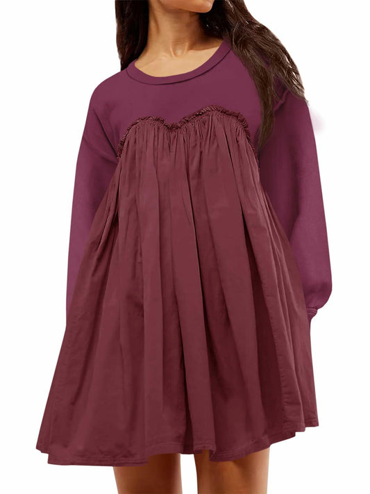 Wenrine Womens Long Sleeve Sweatshirt Dress Patchwork Wine Red, Large