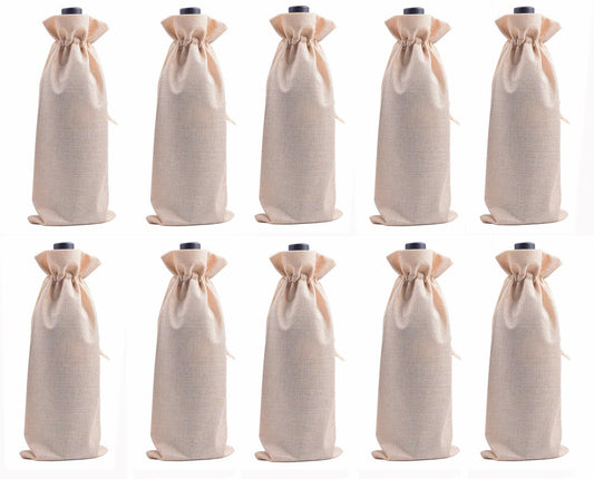 Viamto Burlap Wine Bags Drawstring Lining Beige 15x35cm 10pcs
