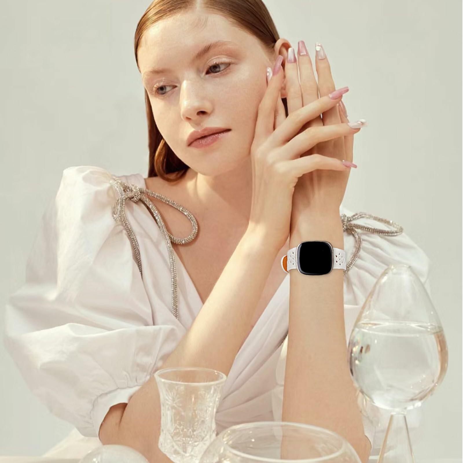 Yibcaiic Leather Bands Compatible Fitbit Versa 4 3 Sense Floral Hollow-out