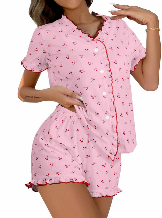 Remidoo Womens Cherry Pajama Set Button Down Tee Shorts Pink Size M
