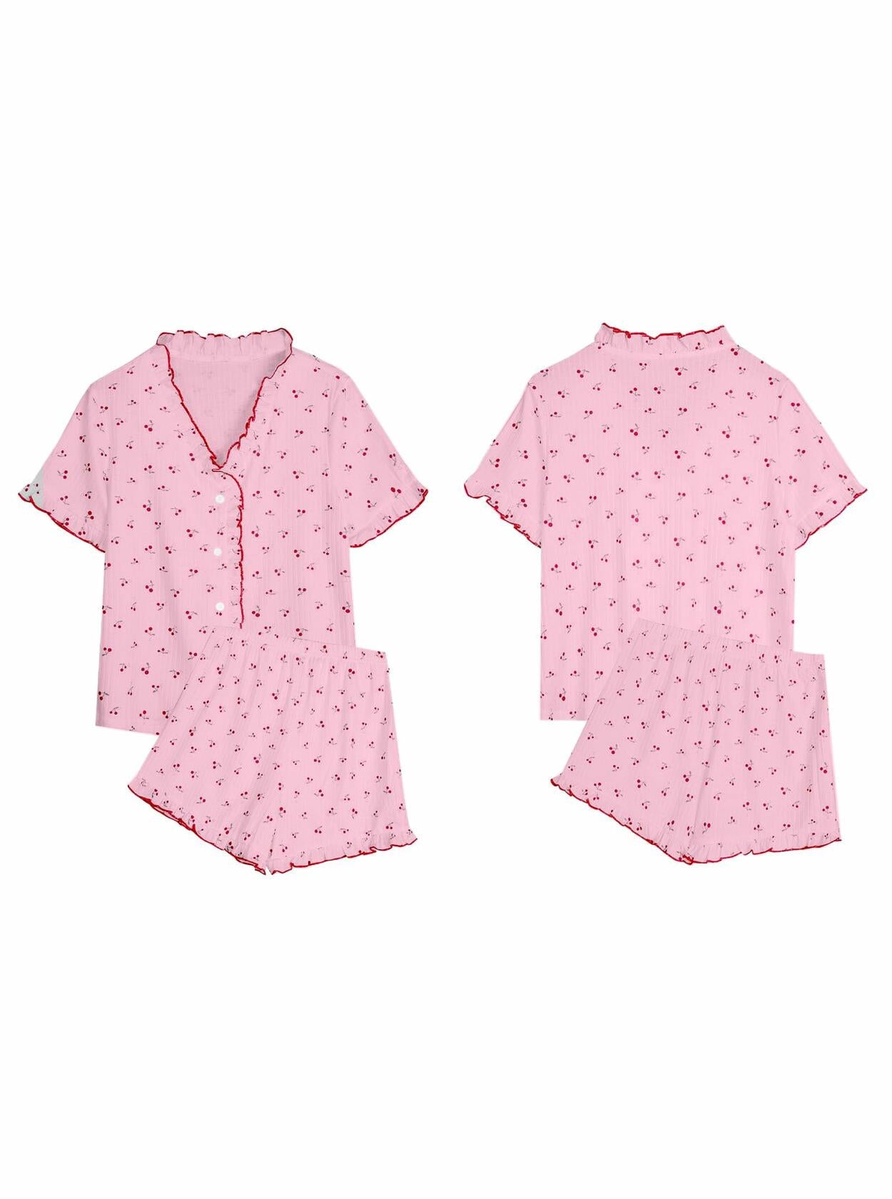 Remidoo Womens Cherry Pajama Set Button Down Tee Shorts Pink Size M