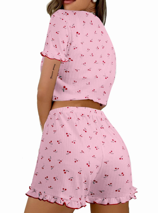 Remidoo Womens Cherry Pajama Set Button Down Tee Shorts Pink Size M