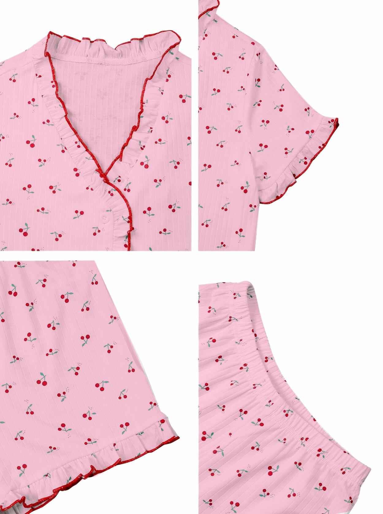 Remidoo Womens Cherry Pajama Set Button Down Tee Shorts Pink Size M