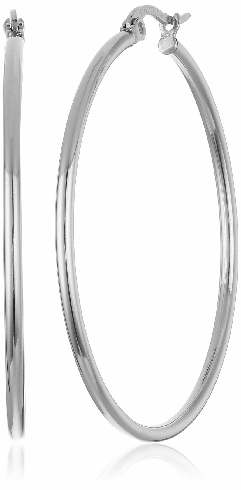 Amazon Essentials Stainless Steel Rounded Tube Hoop Earrings 40mm Silver