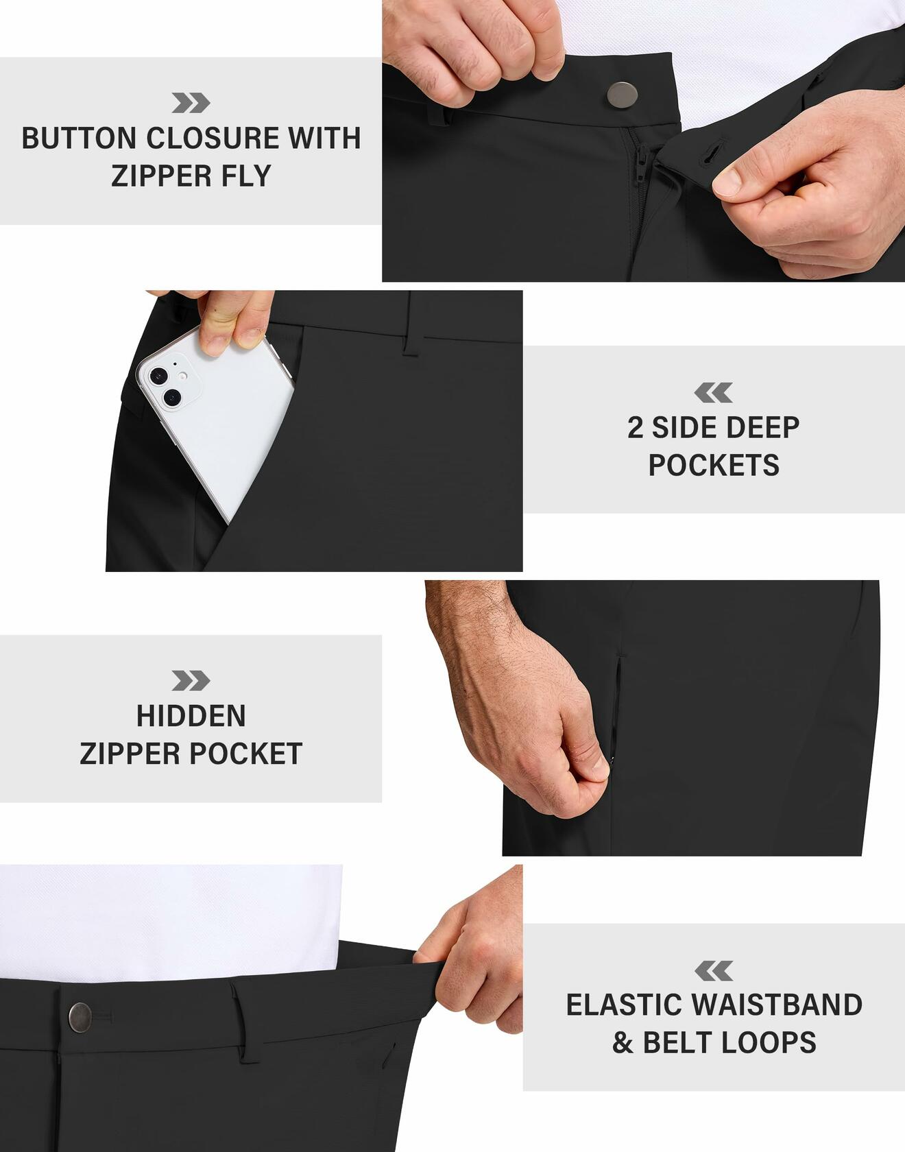 SERAMY Mens Golf Dress Pants Slim Fit Stretch Quick Dry Black Size 36