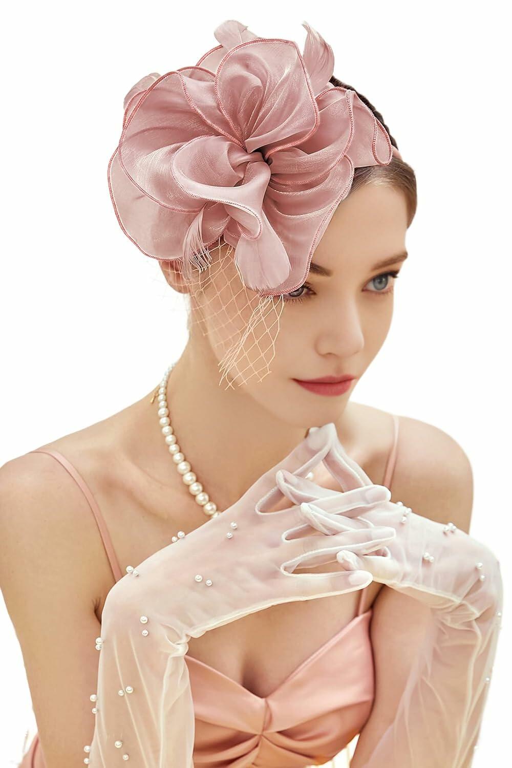 SHUERIET Women Feather Veil Floral Headband Hat Deep Pink