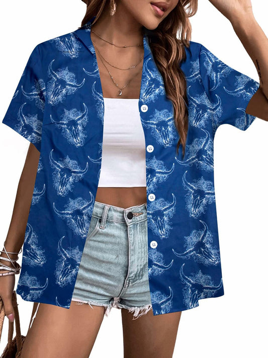 Cow Skull Shirt Women Vintage Western Boho Graphic Tee Short Sleeve Blue M